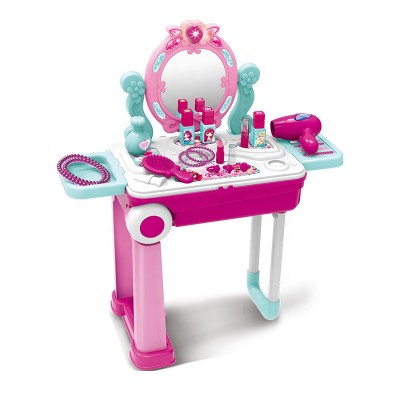 008-923 Pretty Princess Dressing Cart Makeup Table with Pretend Cosmetics Unique Stand Transforms Into a Nifty Rolling Suitcase